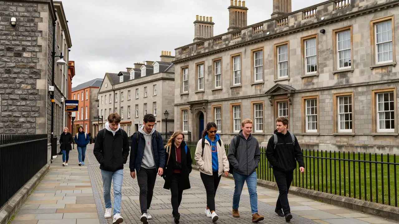 Sinh viên quốc tế đi bộ trong khuôn viên đại học cổ kính ở Ireland với những thảm cỏ xanh