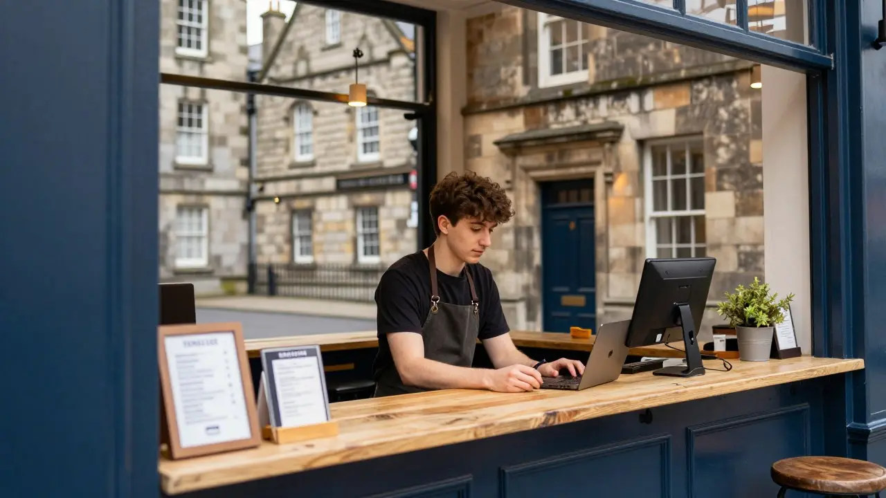 Cảnh phố cổ ven sông ở Galway với quán cà phê và người đi bộ vào cuối chiều