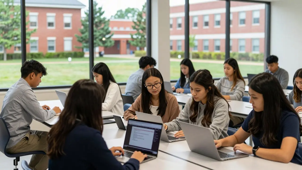 Sinh viên trong phòng thí nghiệm và nhóm sinh viên kinh doanh thảo luận tại đại học Mỹ