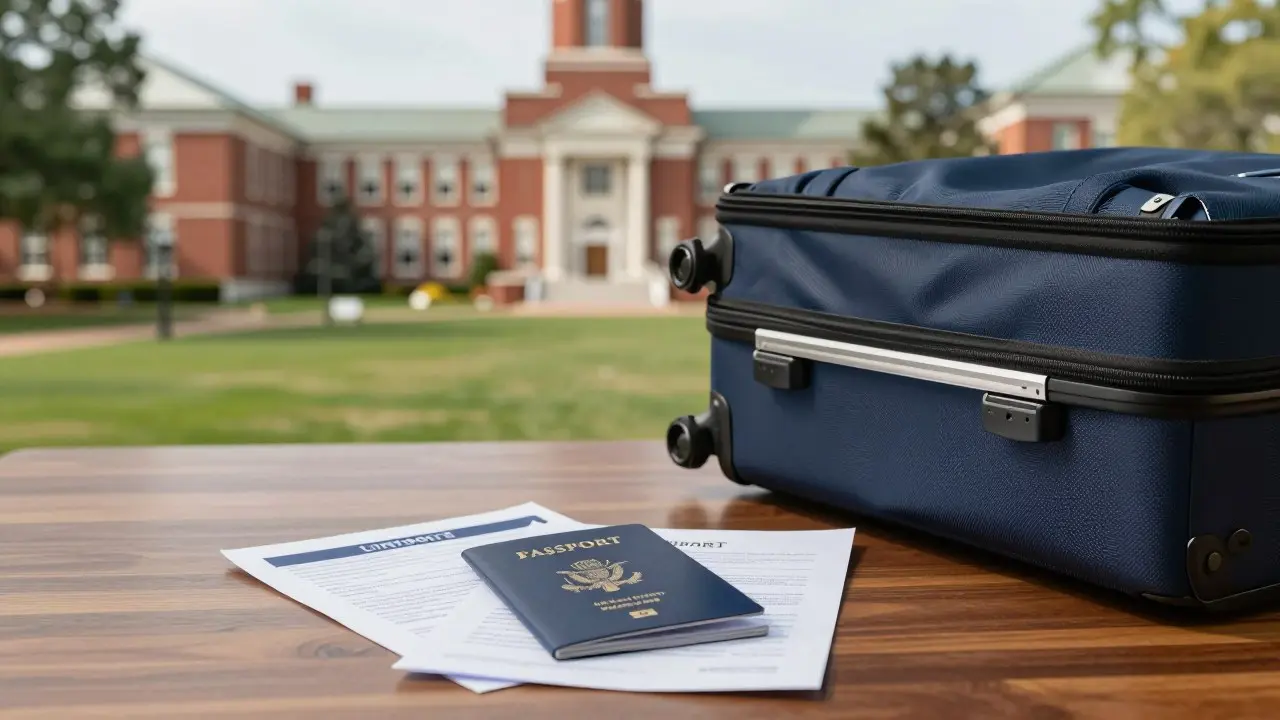Hộ chiếu, form I-20 và giấy tờ xin visa du học Mỹ đặt trên bàn cạnh lịch hẹn phỏng vấn