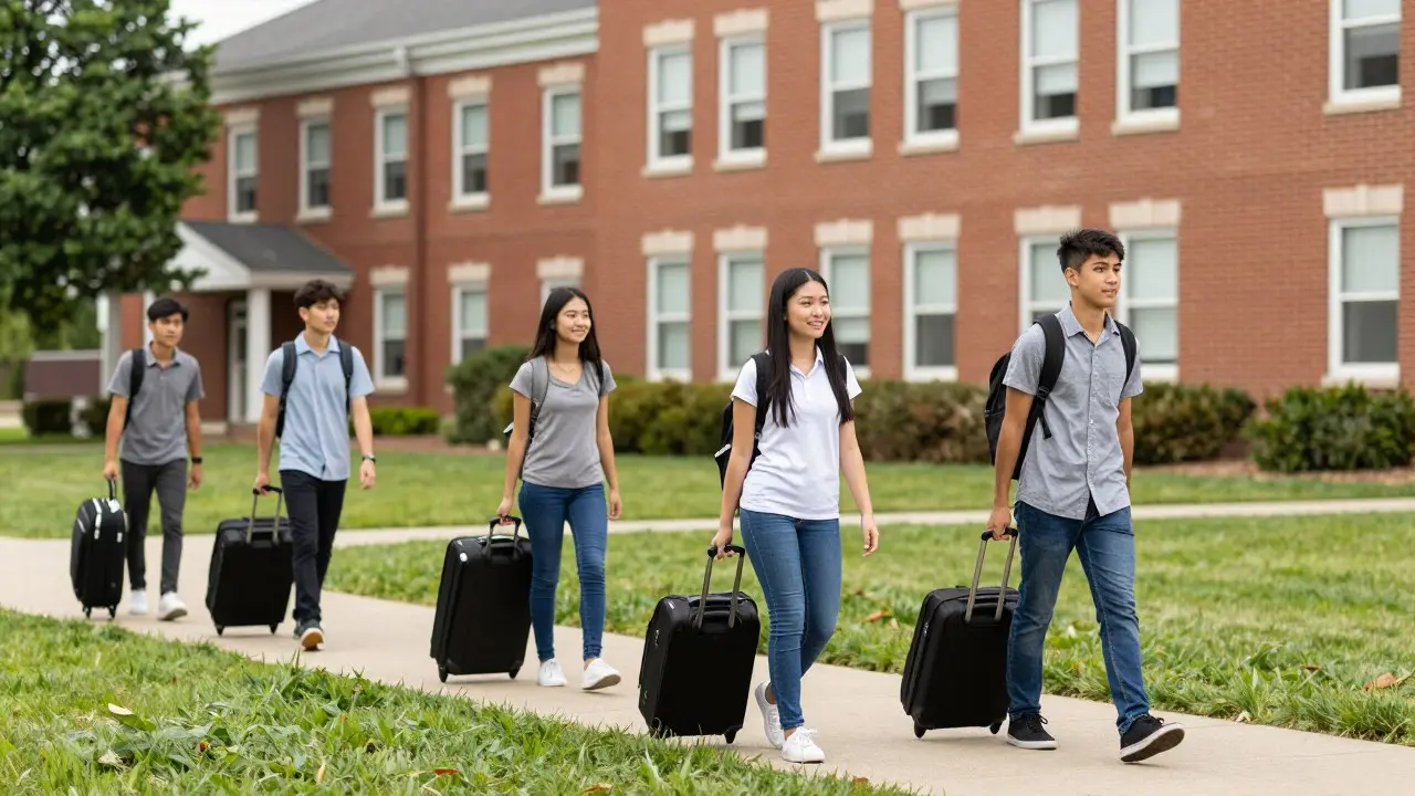 Học sinh trung học quốc tế cùng bạn học trong sân trường high school ở Mỹ
